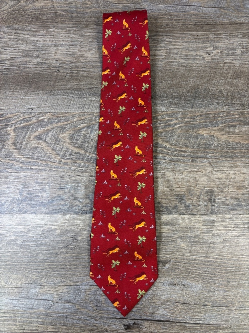 Maus & Hoffman Sole Mare Silk Tie Red Safari Animal Print Italy Lions Palm Trees